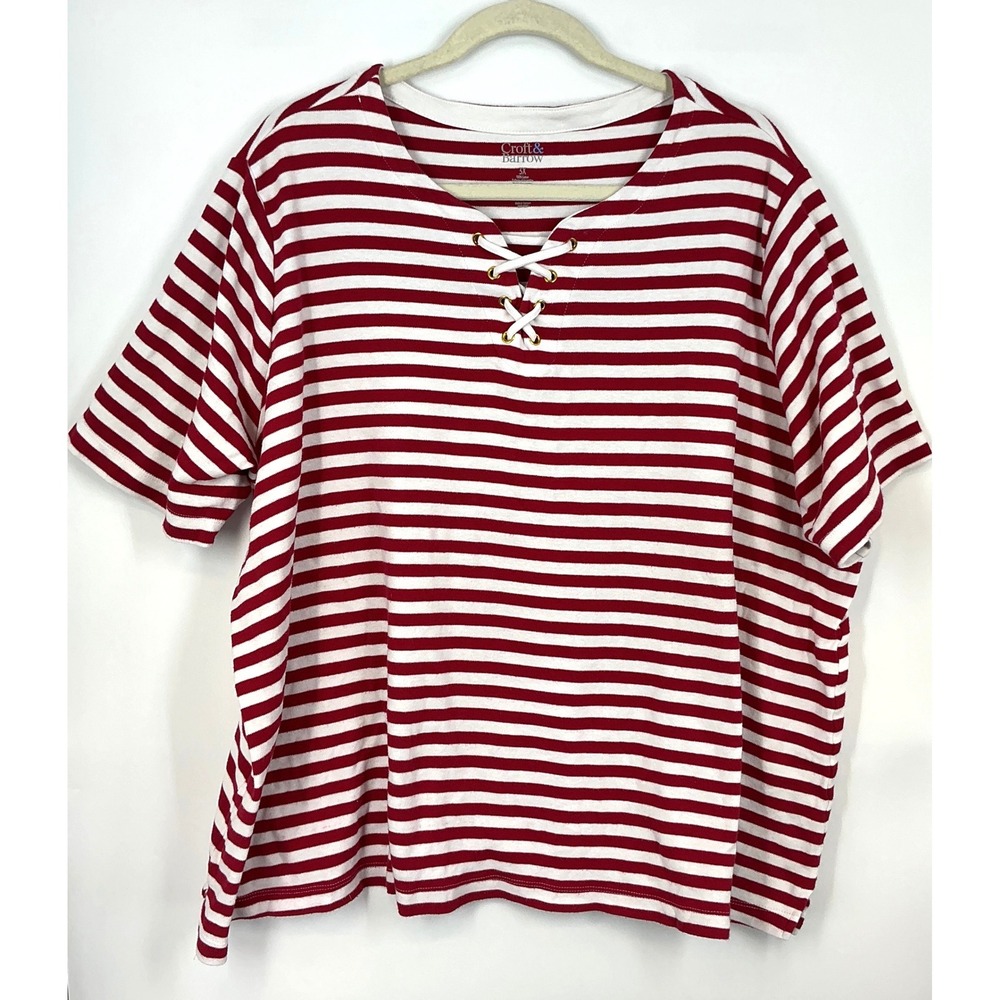 Croft & Barrow Red & White Striped Lace-Up Nautical Short Sleeve T-Shirt Top 3X